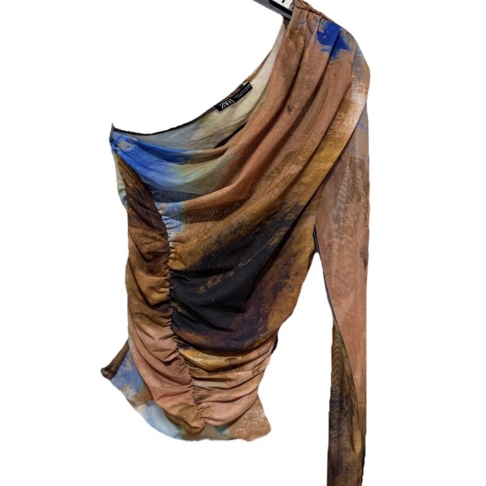 Zara Women’s Mesh Wasteland Top Size S Brown With Blue Print Off Shoulder